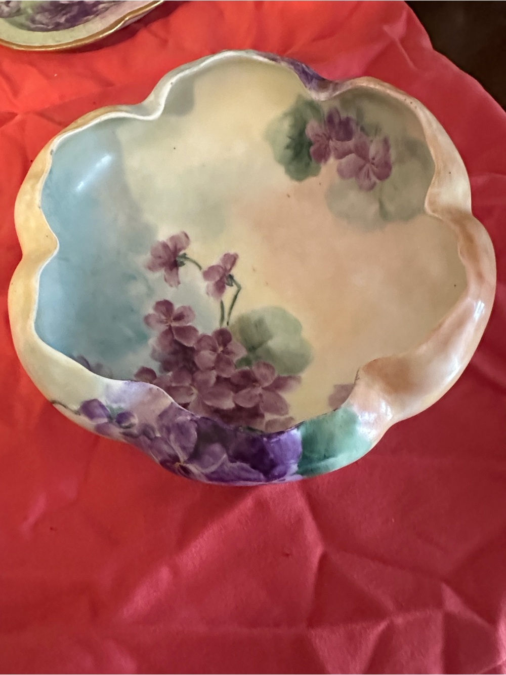 Hand-Painted Floral Ceramic Decorative Bowl in Purple and Green